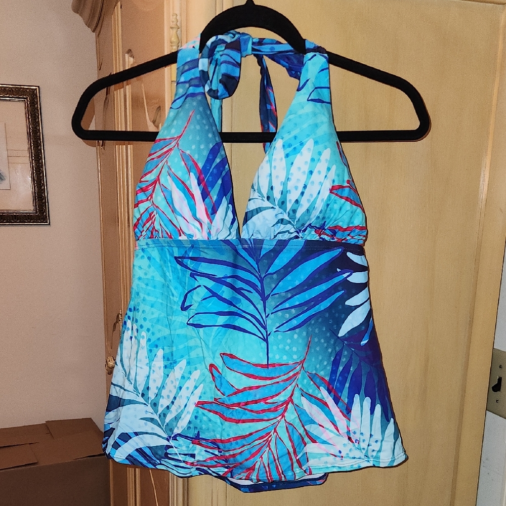 Vibrant Blue Leaf Print Halter Swim Blouse